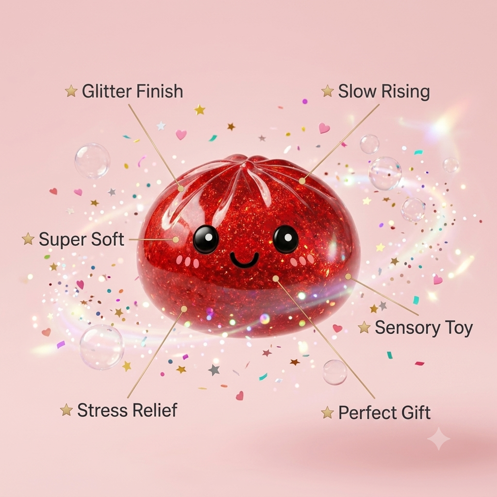 Red Glitter Dumpling Squishy – Soft Slow-Rising Sensory Toy